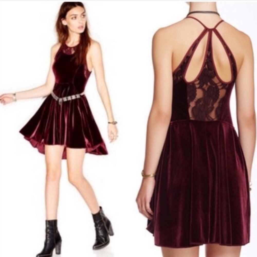 Free People Intimately Nightshade Velvet & Lace Halter Dress In Deep Cherry-NWT! - Picture 2 of 16